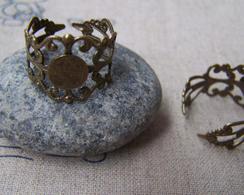 Ring Blanks - 10 pcs Antique Bronze Adjustable Flower Ring Bases 8mm Pad A3884