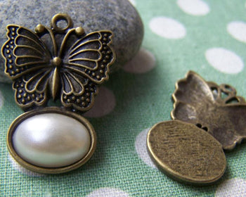 Accessories - 10 Pcs Antique Bronze Butterfly Oval Cameo Base Settings Match 10x14mm Cabochon A3194