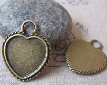 Accessories - 10 Pcs Antique Bronze Coiled Edge Heart Base Settings Pendants Match 17x18mm Cabochon A4695