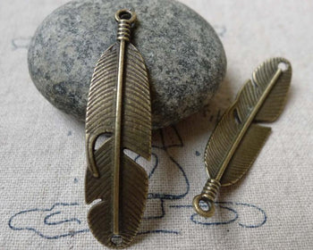 Accessories - 10 Pcs Antique Bronze Curved Feather Connector Bracelet Charms 11x45mm A6634