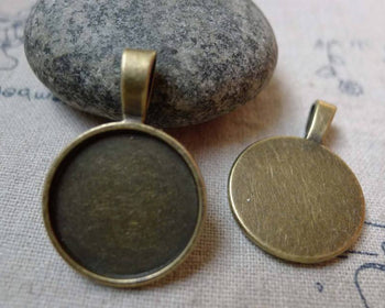 Accessories - 10 Pcs Antique Bronze Round Pendant Tray Bezel Base Settings Match 18mm Cabochon A6079