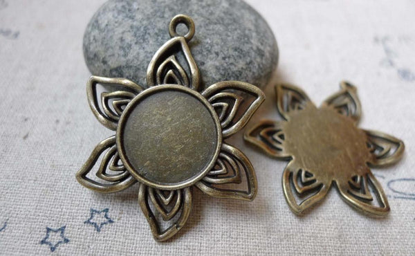 Accessories - 10 Pcs Antique Bronze Sunflower Base Settings Pendant Match 16mm Cabochon  A6081