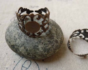 Accessories - 10 Pcs Antique Copper Brass Adjustable Filigree Flower Ring Bases With 8mm Pad A6551