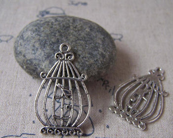 Accessories - 10 Pcs Antique Silver Bird Filigree Cage Charms Pendants 20x33mm A5312
