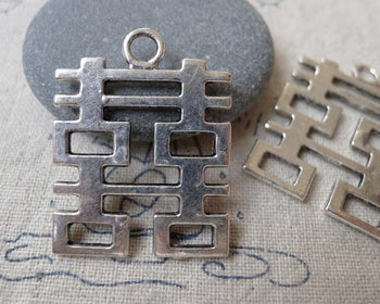 Accessories - 10 Pcs Antique Silver Double Happiness Wedding Decoration Charms 24x31mm A7302