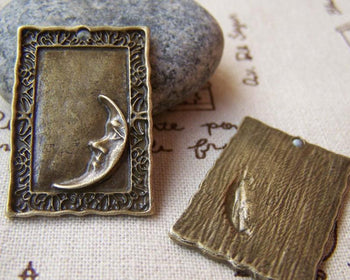 Accessories - 10 Pcs Antque Bronze Crescent Moon Face Rectangular Charms   21x31mm A1593