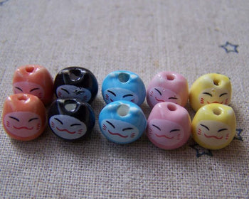 Accessories - 10 Pcs Ceramic  Fortune Cats Kitten Pottery Beads  8x9mm Mixed Color A5059