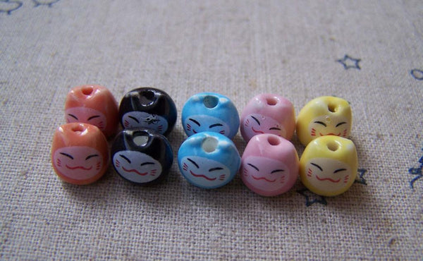 Accessories - 10 Pcs Ceramic  Fortune Cats Kitten Pottery Beads  8x9mm Mixed Color A5059