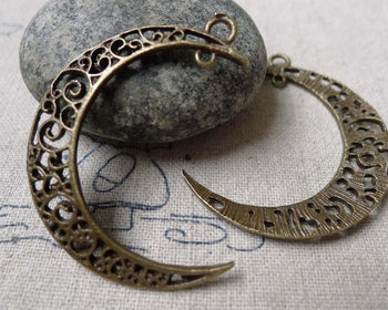 Accessories - 10 Pcs Crescent Moon Antique Bronze Pendants Filigree Charms 32x38mm  A6861