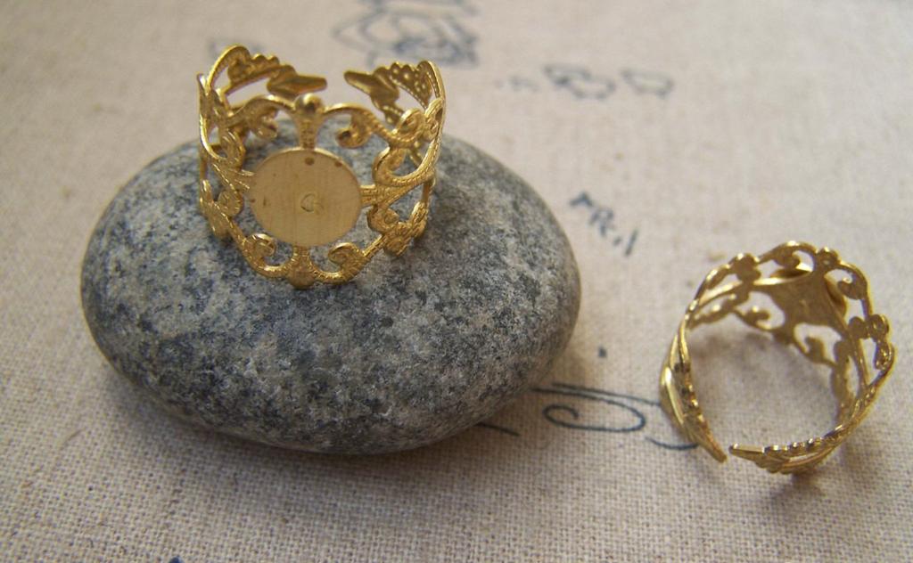 Accessories - 10 Pcs Gold Color Brass Adjustable Filigree Flower Ring Bases With 8mm Pad A3106