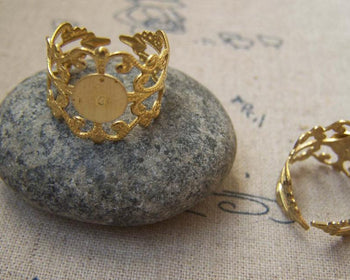 Accessories - 10 Pcs Gold Color Brass Adjustable Filigree Flower Ring Bases With 8mm Pad A3106
