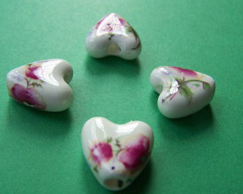 Accessories - 10 Pcs Hand Painted Heart Shaped Rondelle Ceramic Beads Huge Size15mm A1884