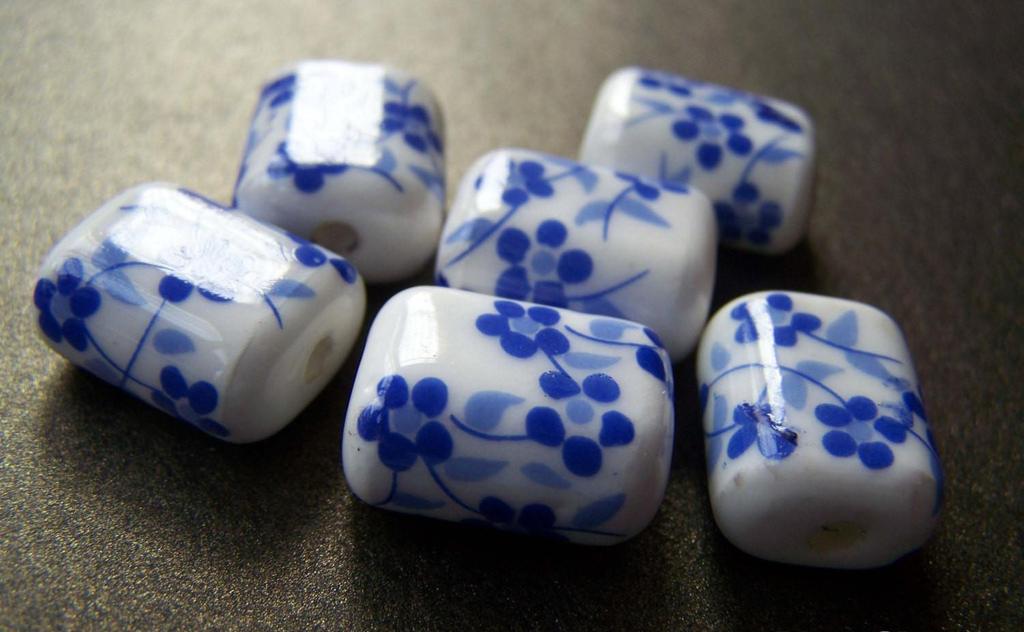Accessories - 10 Pcs Hand Painted Rondelle Rectangular Blue Flower Oval Ceramic Beads 15x18mm A1860