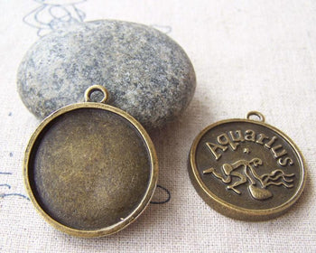 Accessories - 10 Pcs Of Antique Bronze Aquarius Water-Bearer Round Base Setting Charms Match 25mm Cameo  A2541