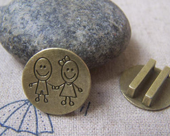 Accessories - 10 Pcs Of Antique Bronze Boy And Girl Round Buckle Charms 18mm A4953