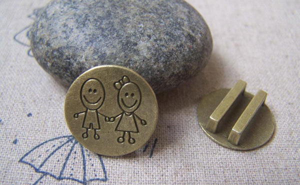 Accessories - 10 Pcs Of Antique Bronze Boy And Girl Round Buckle Charms 18mm A4953