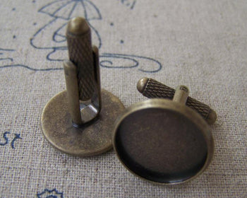 Accessories - 10 Pcs Of Antique Bronze Brass Screw Thread Cuff Links Cufflinks With Round Bezel Setting Match 16mm Cameo A2616