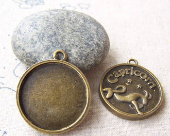 Accessories - 10 Pcs Of Antique Bronze Capricorn The Sea Goat Round Base Setting Charms Match 25mm Cameo  A3829