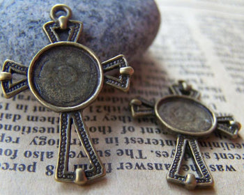 Accessories - 10 Pcs Of Antique Bronze Cross Round Base Settings Match 10mm Cabochon  A3218