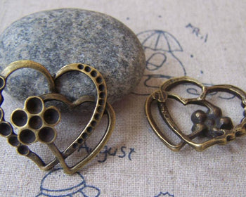 Accessories - 10 Pcs Of Antique Bronze Double Heart Charms 27x32mm A4347
