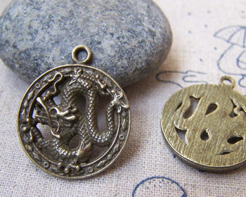 Accessories - 10 Pcs Of Antique Bronze Dragon Filigree Round Pendants 23mm A3085