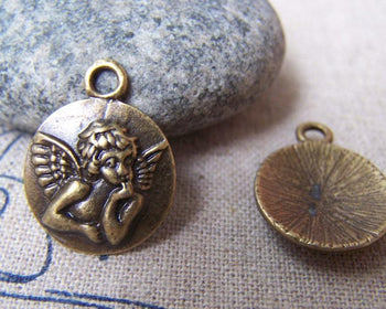 Accessories - 10 Pcs Of Antique Bronze Embossed Angel Round Charms 15mm A725