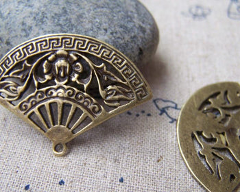 Accessories - 10 Pcs Of Antique Bronze Filigree Chinese Folding Fan Charms 25x36mm A1440