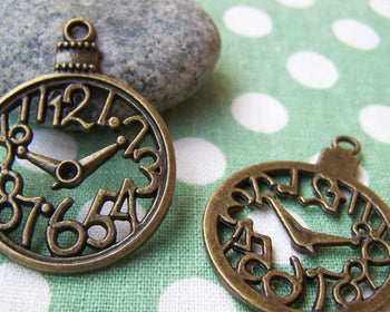 Accessories - 10 Pcs Of Antique Bronze Filigree Clock Pendants Charms 30x39mm A476