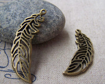 Accessories - 10 Pcs Of Antique Bronze Filigree Feather Charms Pendants 12x36mm A402