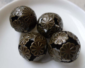 Accessories - 10 Pcs Of Antique Bronze Filigree Flower Floral Ball Beads Size 20mm A7006