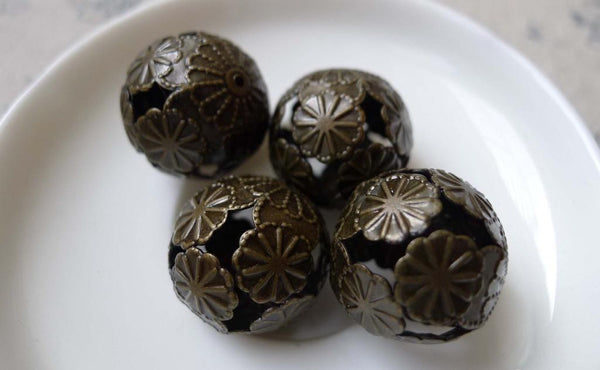 Accessories - 10 Pcs Of Antique Bronze Filigree Flower Floral Ball Beads Size 20mm A7006