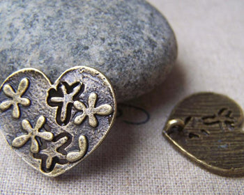 Hearts - 10 pcs Antique Bronze Back Loop Flower Heart Charms A1519