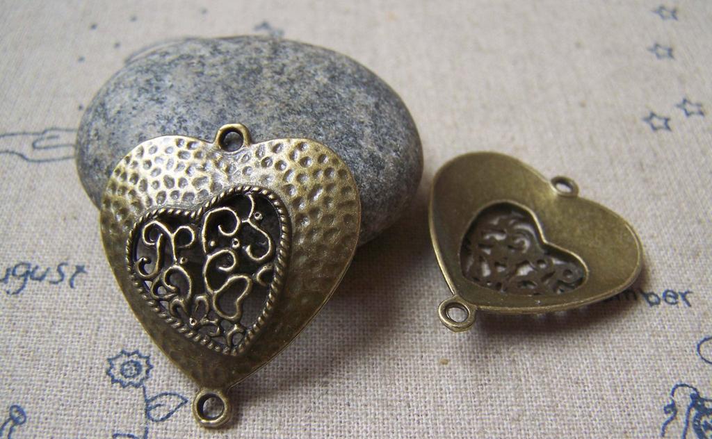 Accessories - 10 Pcs Of Antique Bronze Filigree Heart Connector Charms 29x33mm A4750