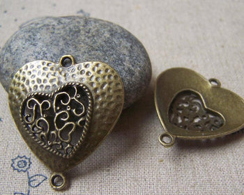 Accessories - 10 Pcs Of Antique Bronze Filigree Heart Connector Charms 29x33mm A4750