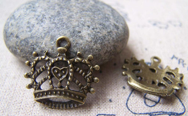 Accessories - 10 Pcs Of Antique Bronze Filigree Heart Crown Charms 20x20mm A773