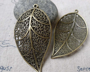 Accessories - 10 Pcs Of Antique Bronze Filigree Huge Leaf  Pendants Charms 30x57mm A6729