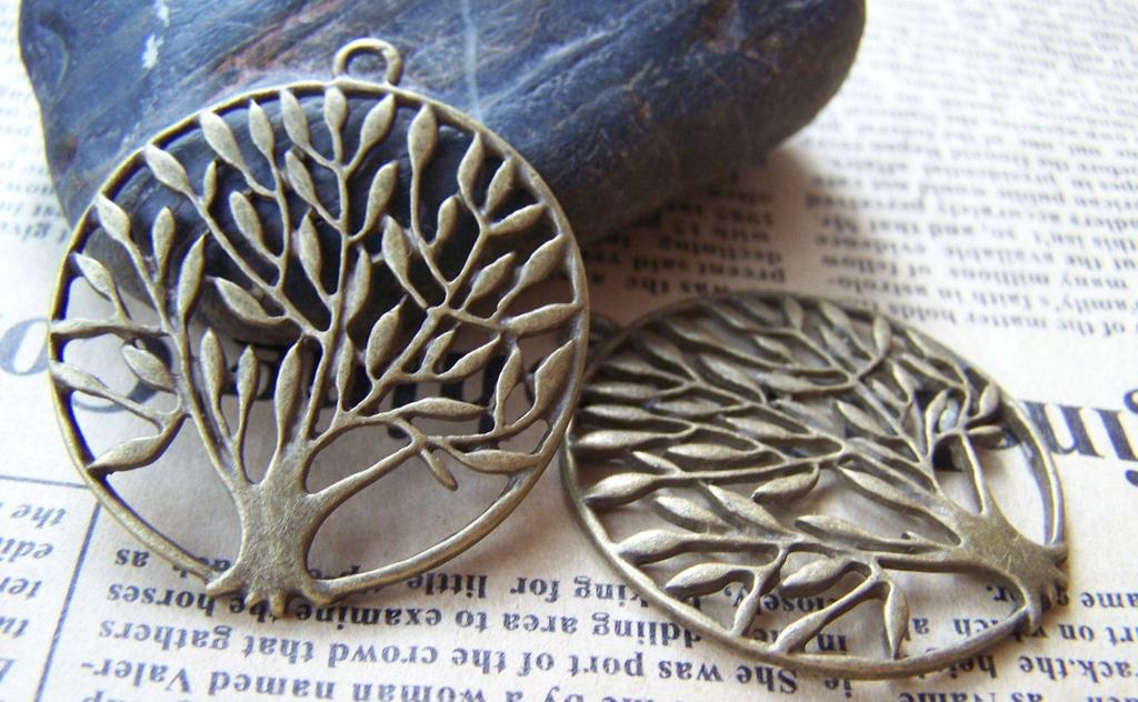 Accessories - 10 Pcs Of Antique Bronze Filigree Life Tree Round Charms Pendants 39mm A372