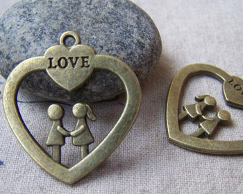 Hearts - 10 pcs Antique Bronze Boy Girl Lover Heart Charms 30x32mm A5641