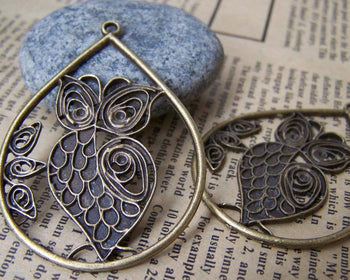 Accessories - 10 Pcs Of Antique Bronze Filigree Owl Teardrop Drops Pendants 37x48mm A102