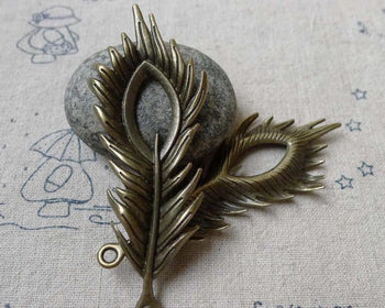 Accessories - 10 Pcs Of Antique Bronze Filigree Peacock Feather Pendants Charms  27x70mm  A6640