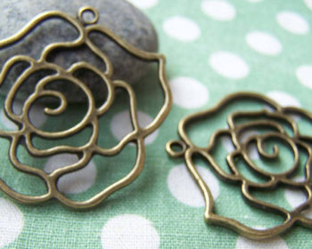 Accessories - 10 Pcs Of Antique Bronze Filigree Rose Flower Pendants Charms 40mm A1739