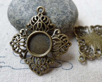 Accessories - 10 Pcs Of Antique Bronze Filigree Round Bezel Base Settings Match 10mm Cab A6650