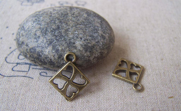 Accessories - 10 Pcs Of Antique Bronze Filigree Square Four Hearts Charms 15x17mm A4690