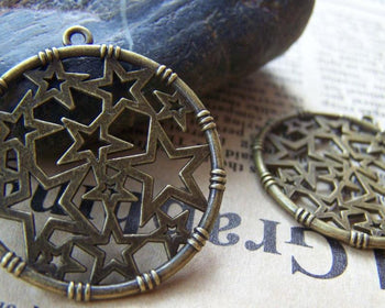 Accessories - 10 Pcs Of Antique Bronze Filigree Star Ring Charms 32mm A407