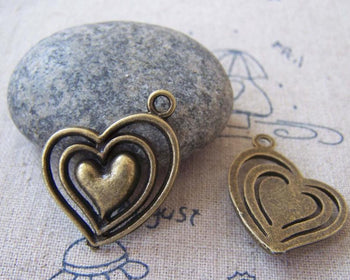 Accessories - 10 Pcs Of Antique Bronze Filigree Three Layer Heart Charms 25x25mm A4151