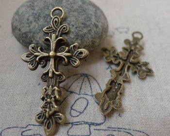 Accessories - 10 Pcs Of Antique Bronze Flower Cross Pendants Charms 25x47mm A5840