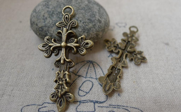 Accessories - 10 Pcs Of Antique Bronze Flower Cross Pendants Charms 25x47mm A5840