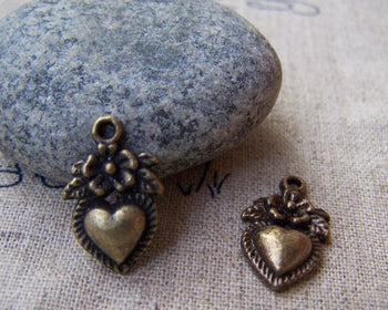 Accessories - 10 Pcs Of Antique Bronze Flower Heart Charms 10x14mm A1505
