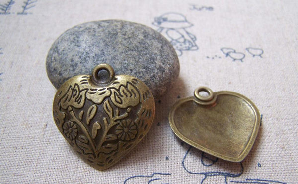 Accessories - 10 Pcs Of Antique Bronze Flower Heart Pendant Charms 30mm A3729