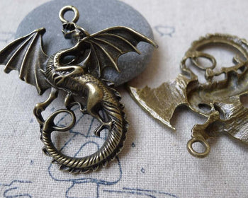 Accessories - 10 Pcs Of Antique Bronze Flying Dragon Charms Pendants 43x47mm A6300